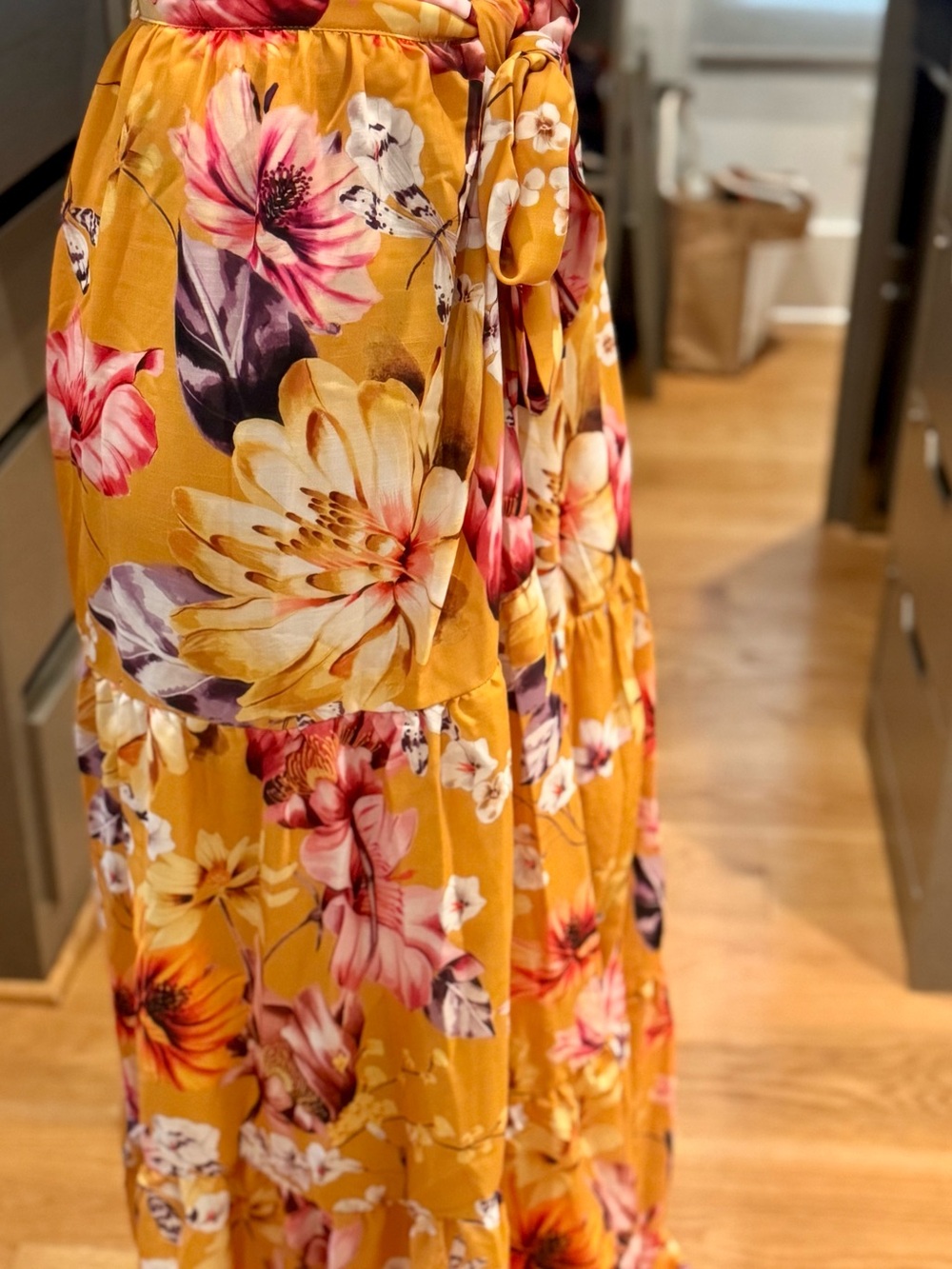 NWT Encantadore Floral Tie-Waist Swim Coverup in Mustard